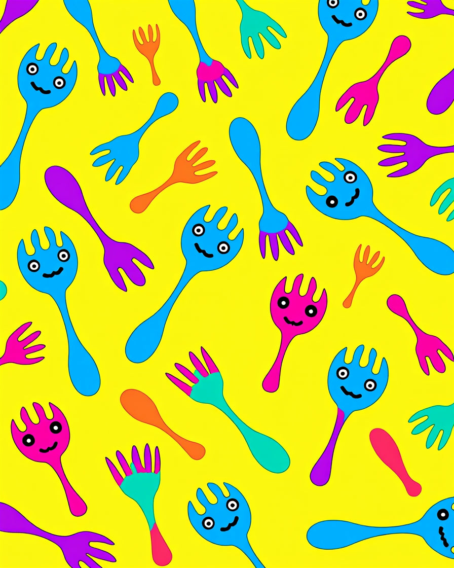 Bright Yellow Funky Fork Cartoon Assortment Rug