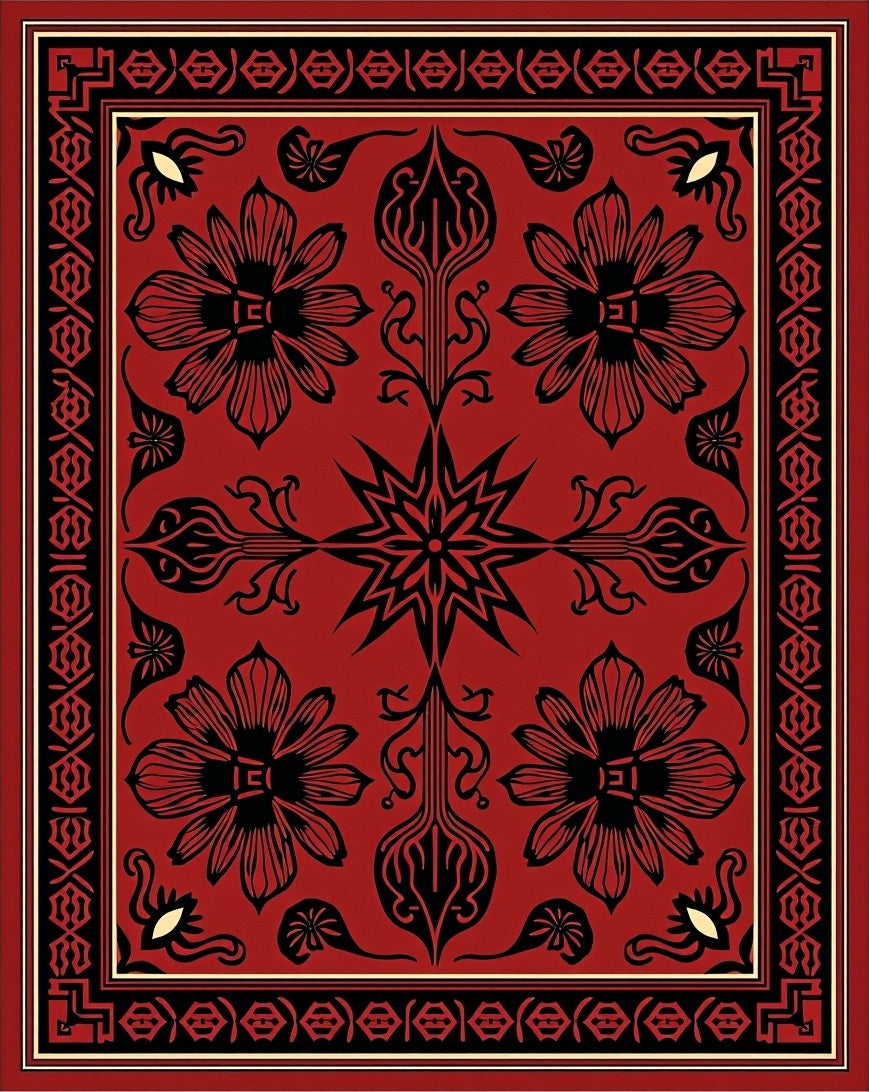 Bold Red Floral Geometric Pattern Rug