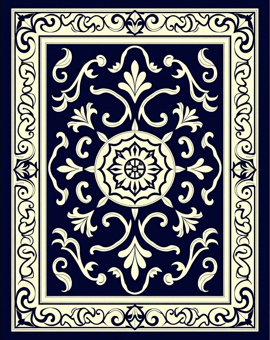 Naval Cream Intricate Scrollwork Pattern Rug