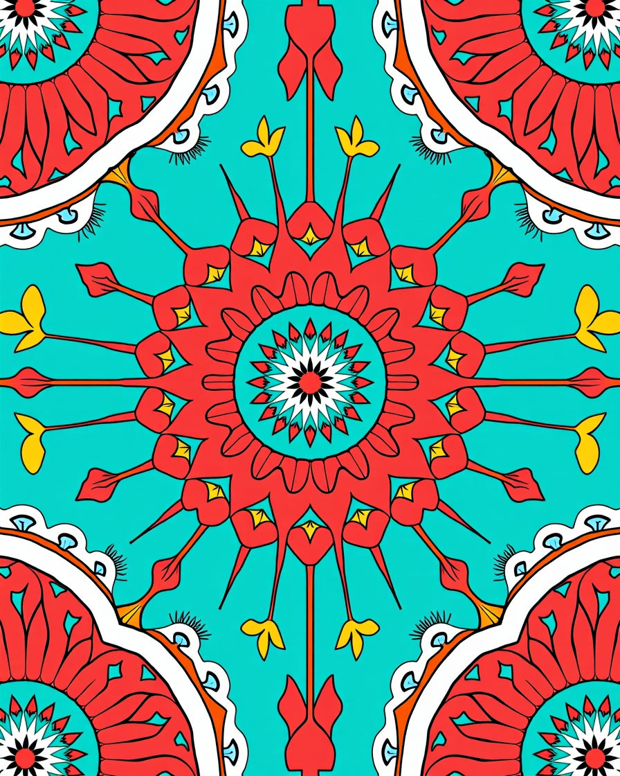 Turquoise Red Floral Mandala Pattern Rug