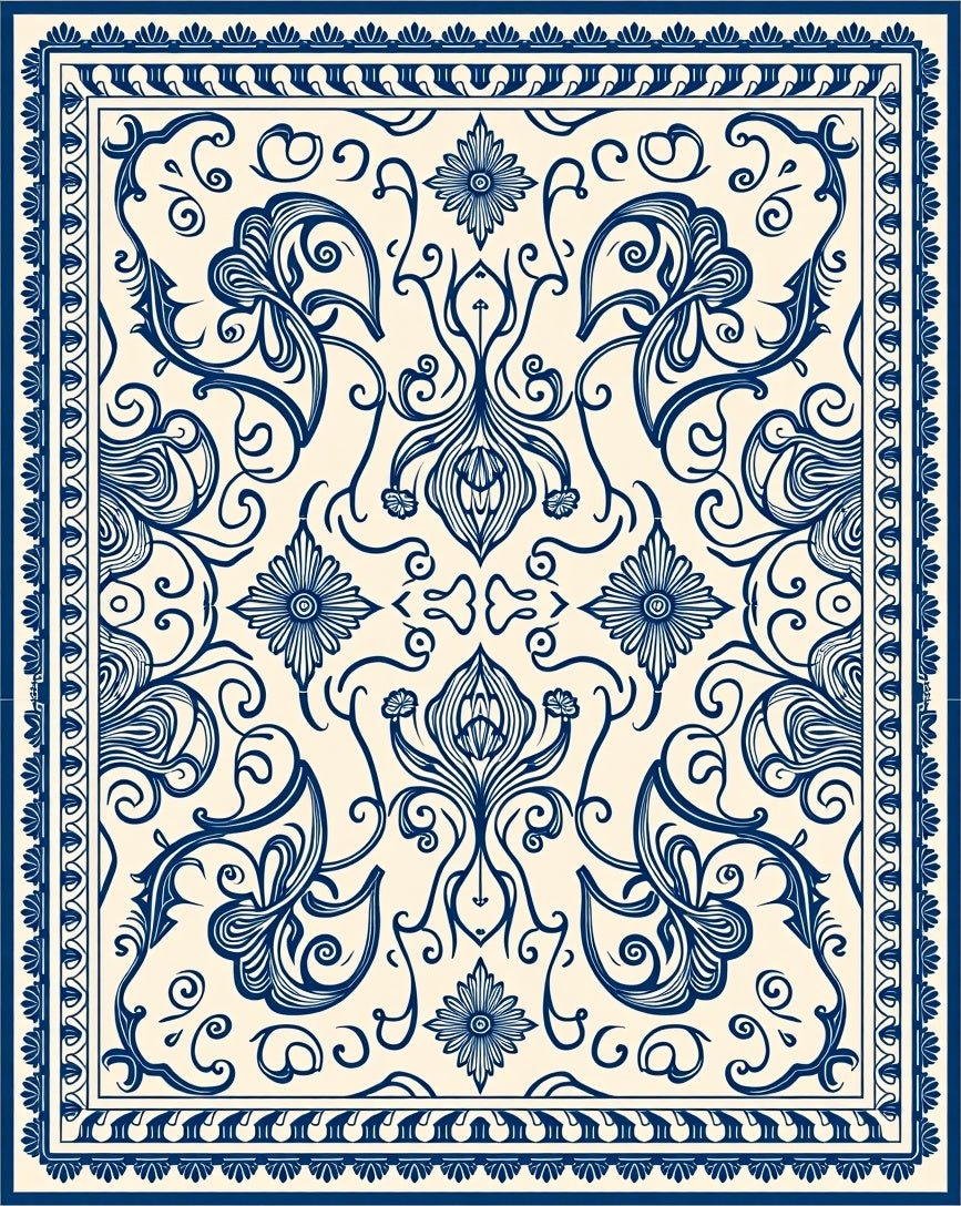Ornate Floral Blue Cream Pattern Rug