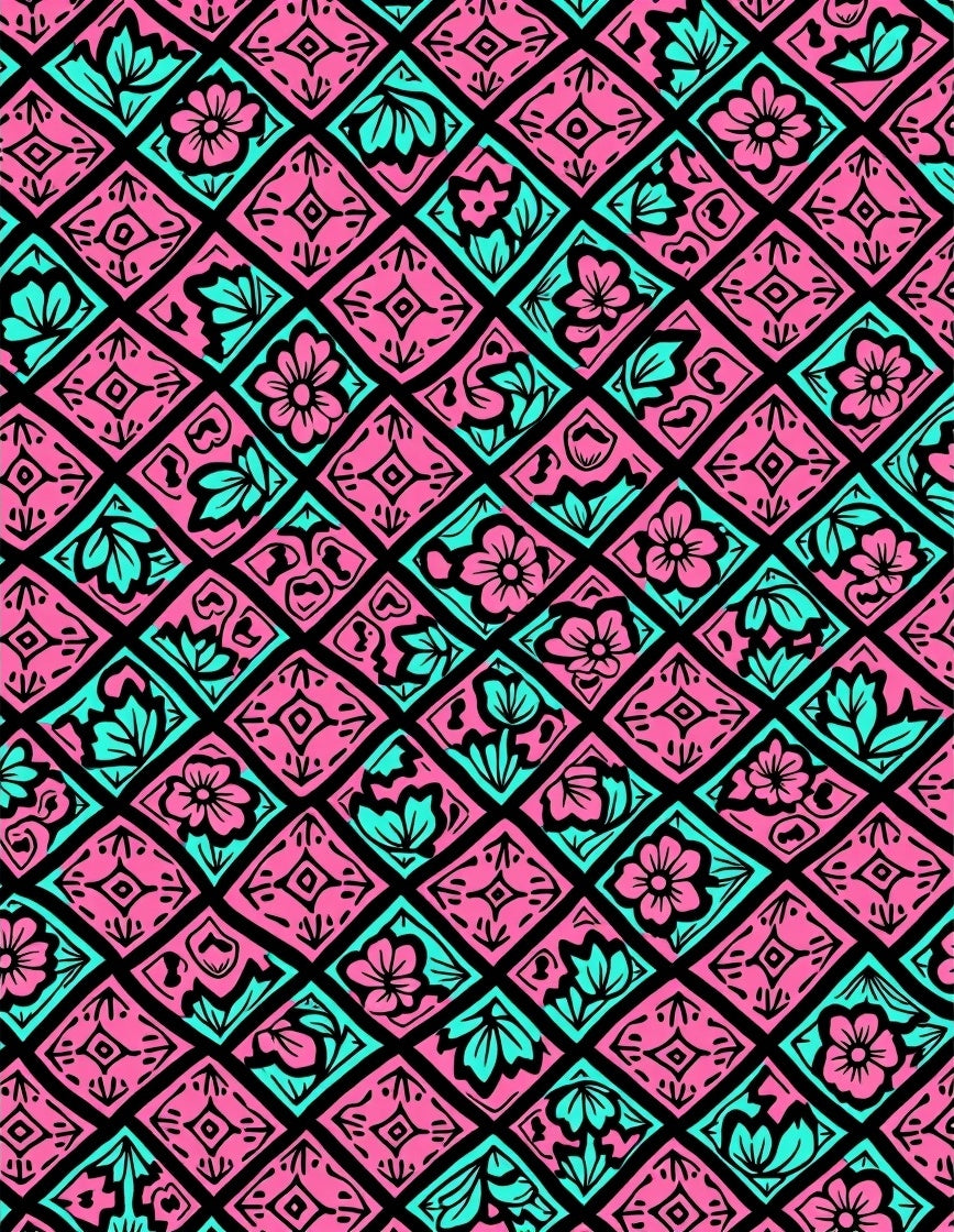Pink Teal Floral Diamond Pattern Rug