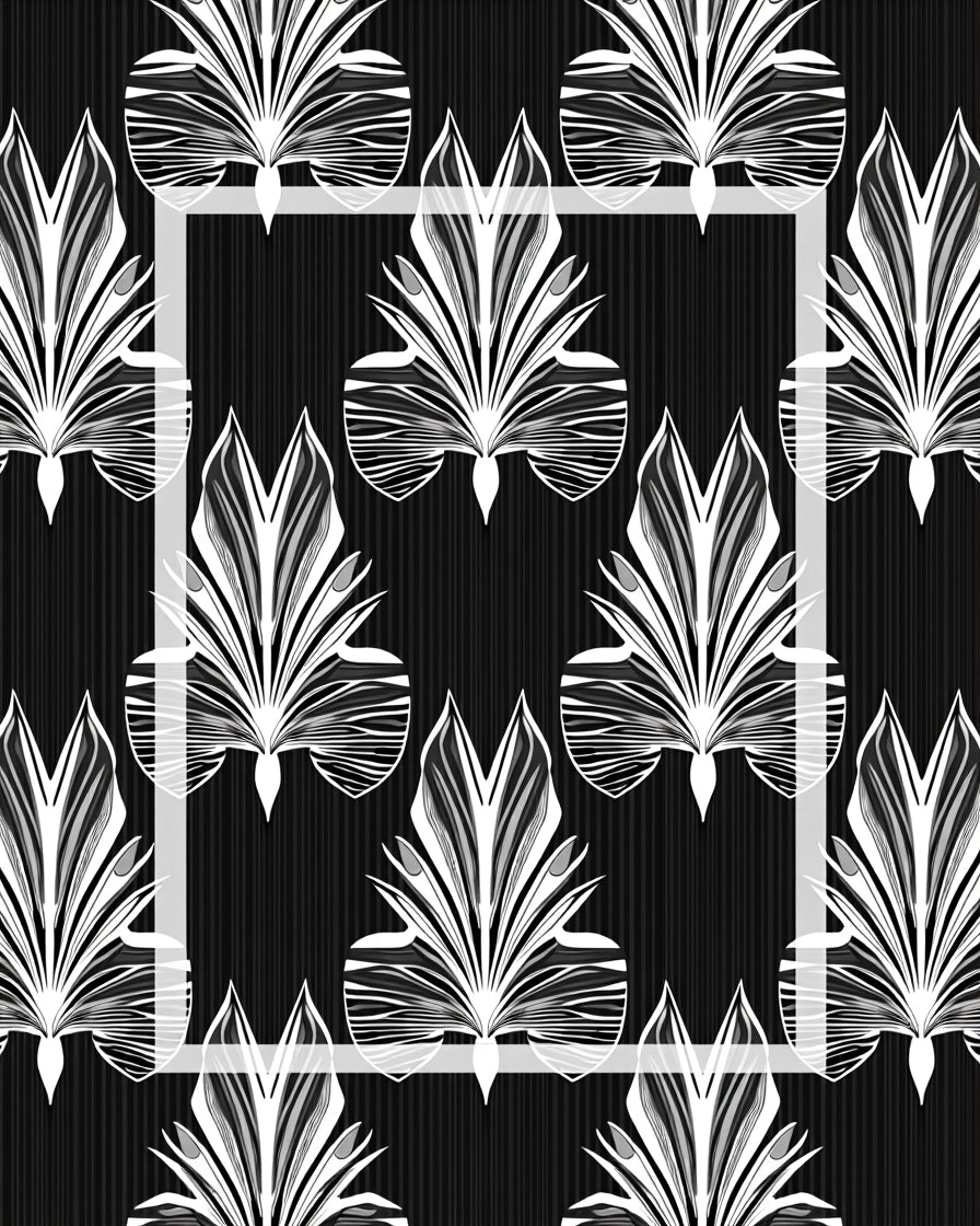 Art Deco Abstract Black White Leaf Scroll Rug