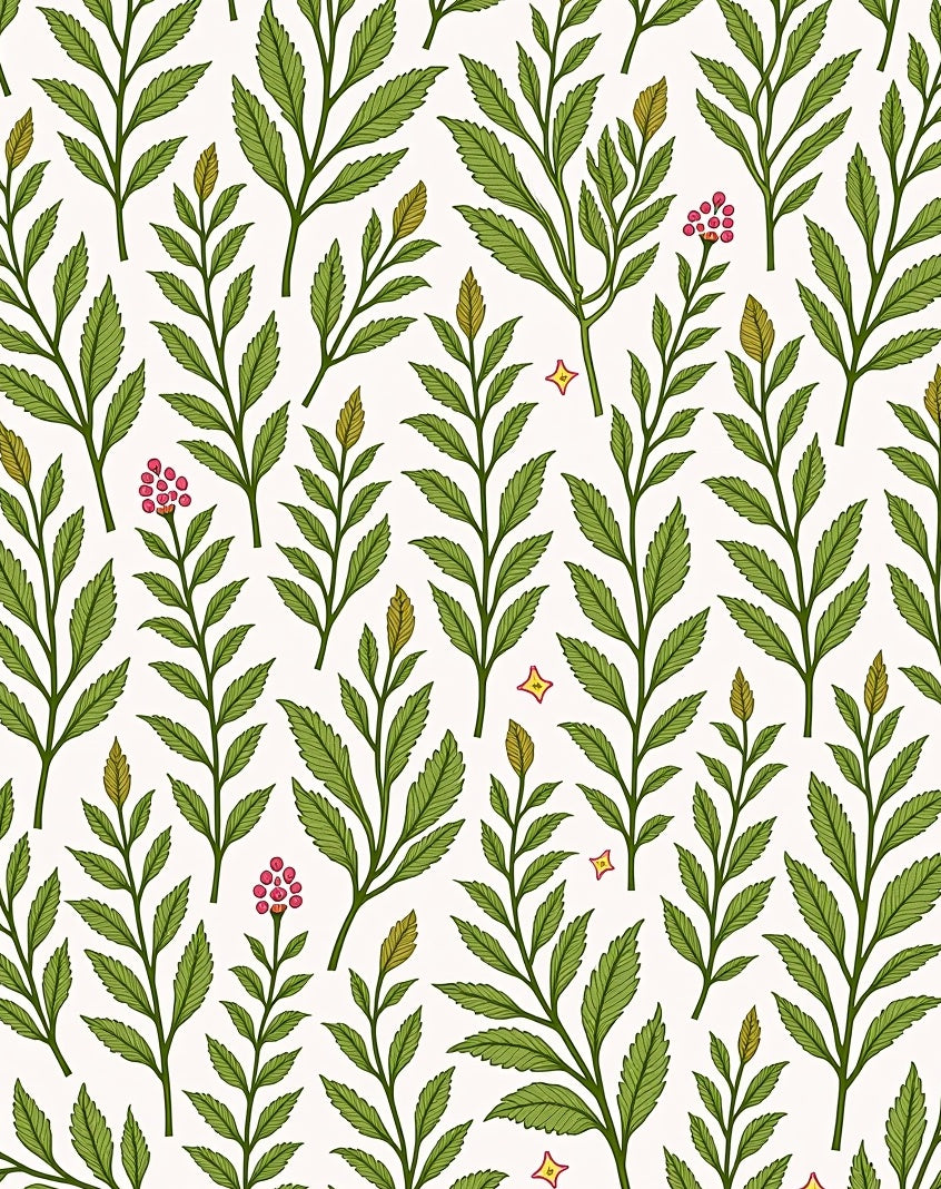Green Leaf and Berry Botanical Pattern Rug