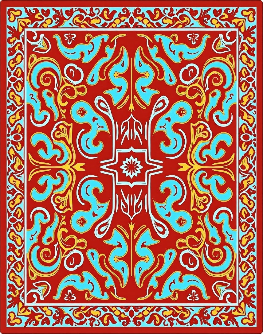 Red Blue Gold Floral Pattern Rug
