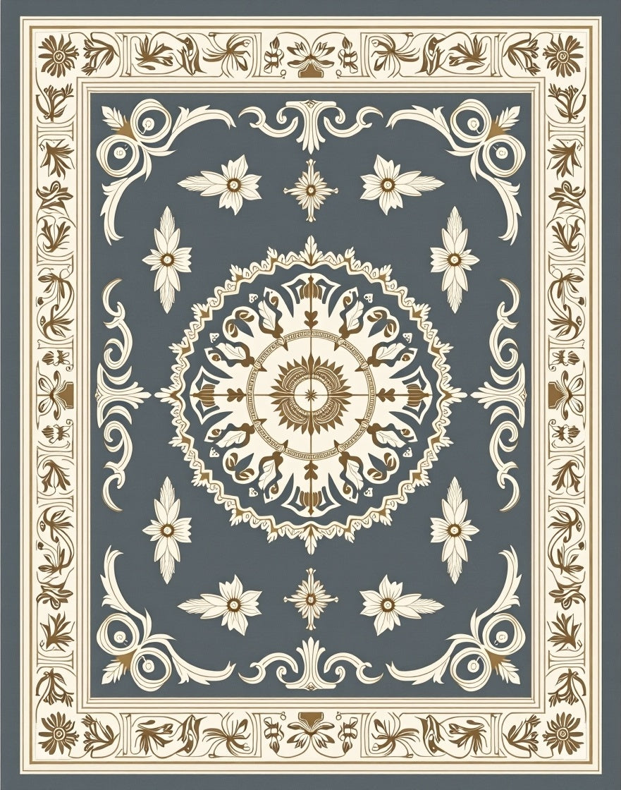 Ornate Floral Medallion With Borders Rug