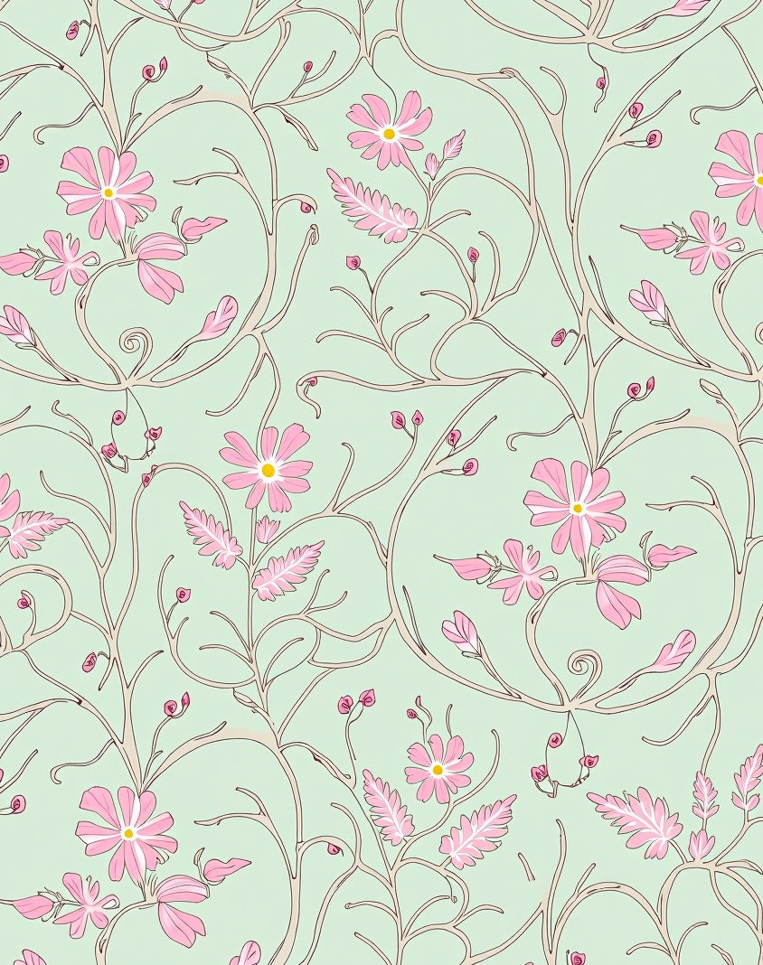 Whimsical Pink Flower Vine Pattern Rug