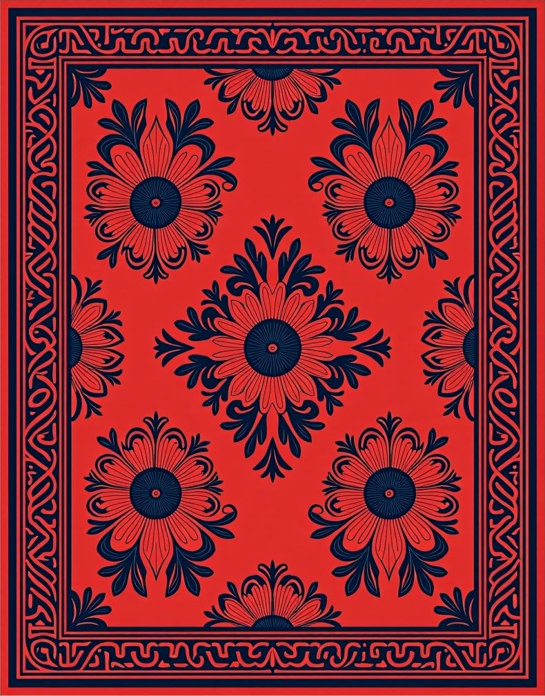 Bold Red Floral Scroll Border Rug