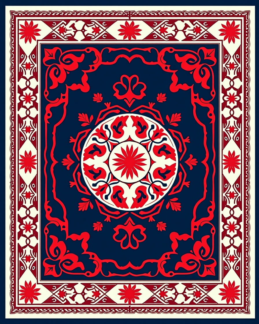 Classic Red Blue Floral Medallion Rug