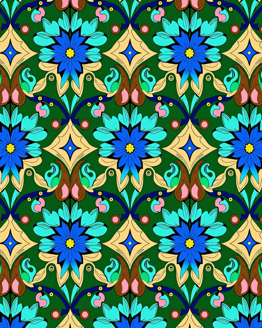 Emerald Green Blue Floral Peacock Medallion Rug