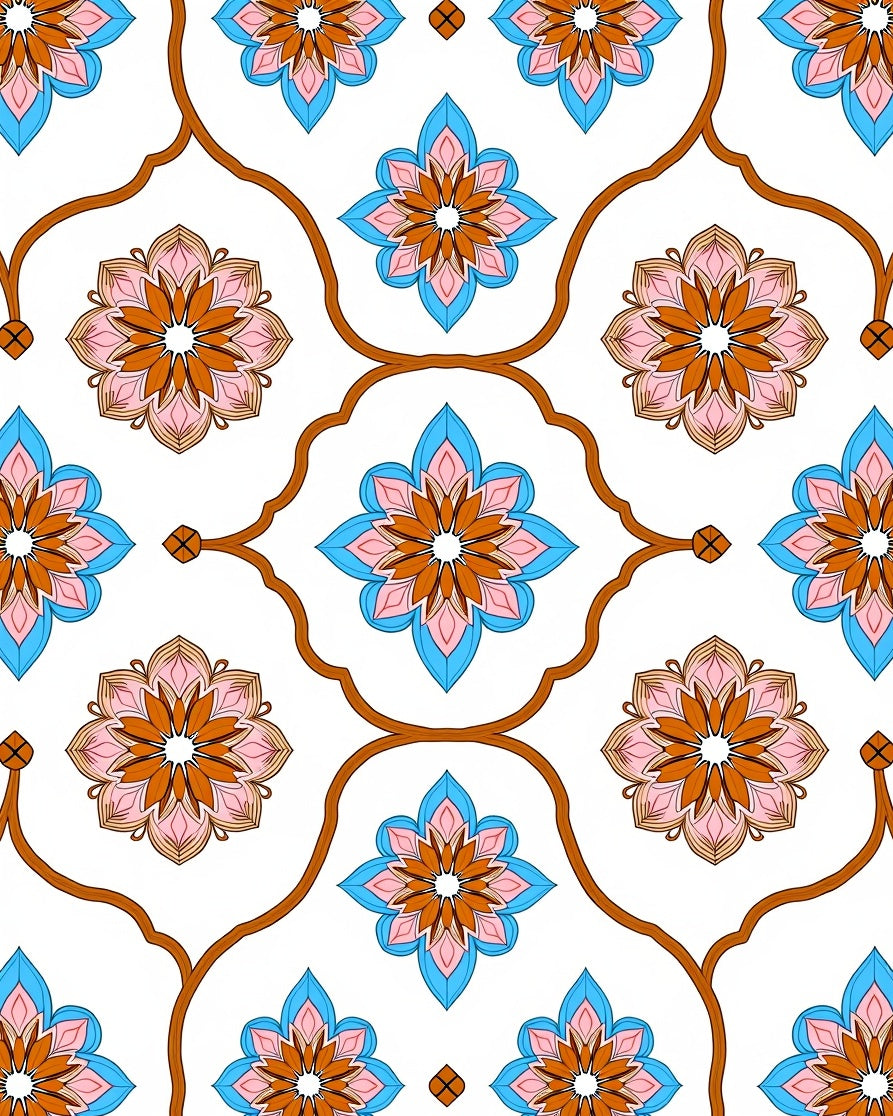 Orange Pink Blue Floral Pattern Rug