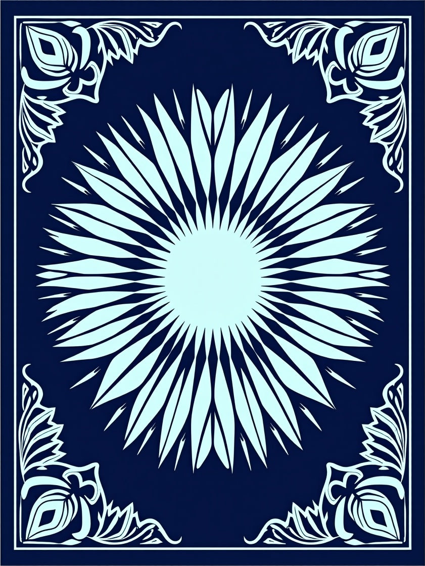 Navy Blue Sunburst Floral Frame Rug