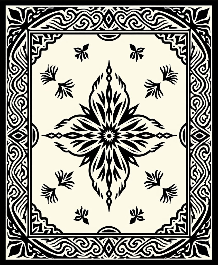 Black Floral Mandala Pattern Square Rug