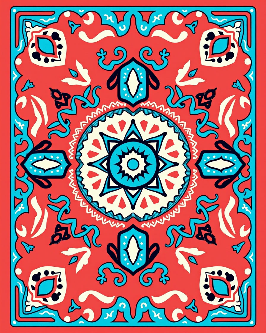 Bold Coral Aqua Medallion Pattern Design Rug