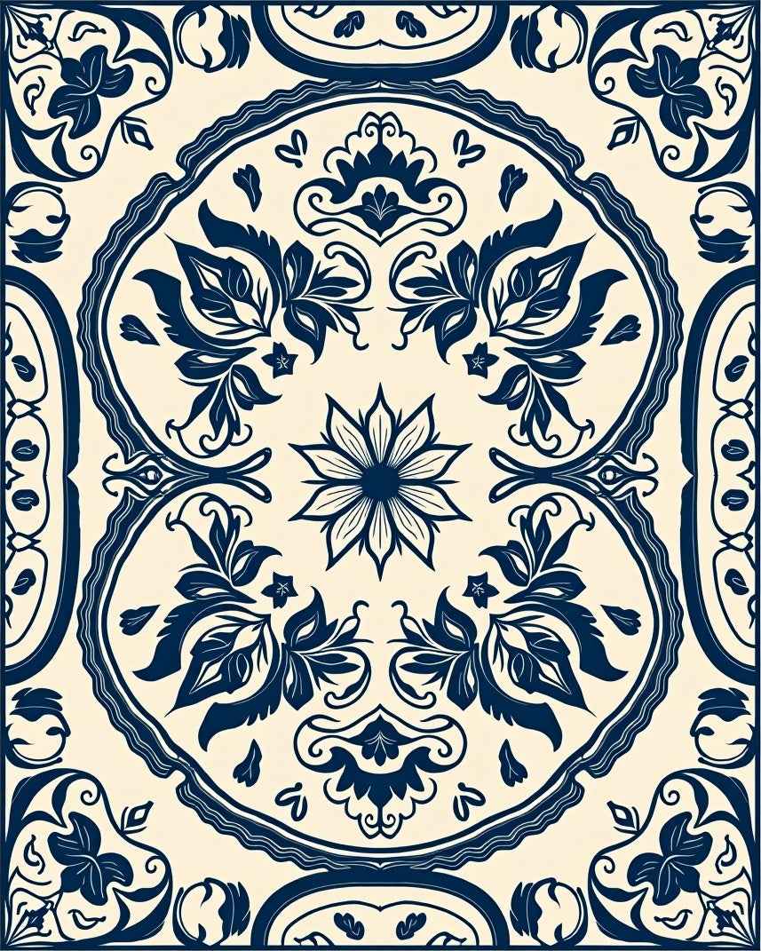 Navy Floral Inlay Mandala Pattern Rug