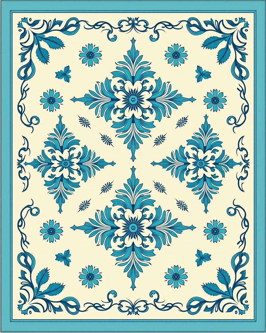 Teal Floral Medallion Symmetry Design Rug