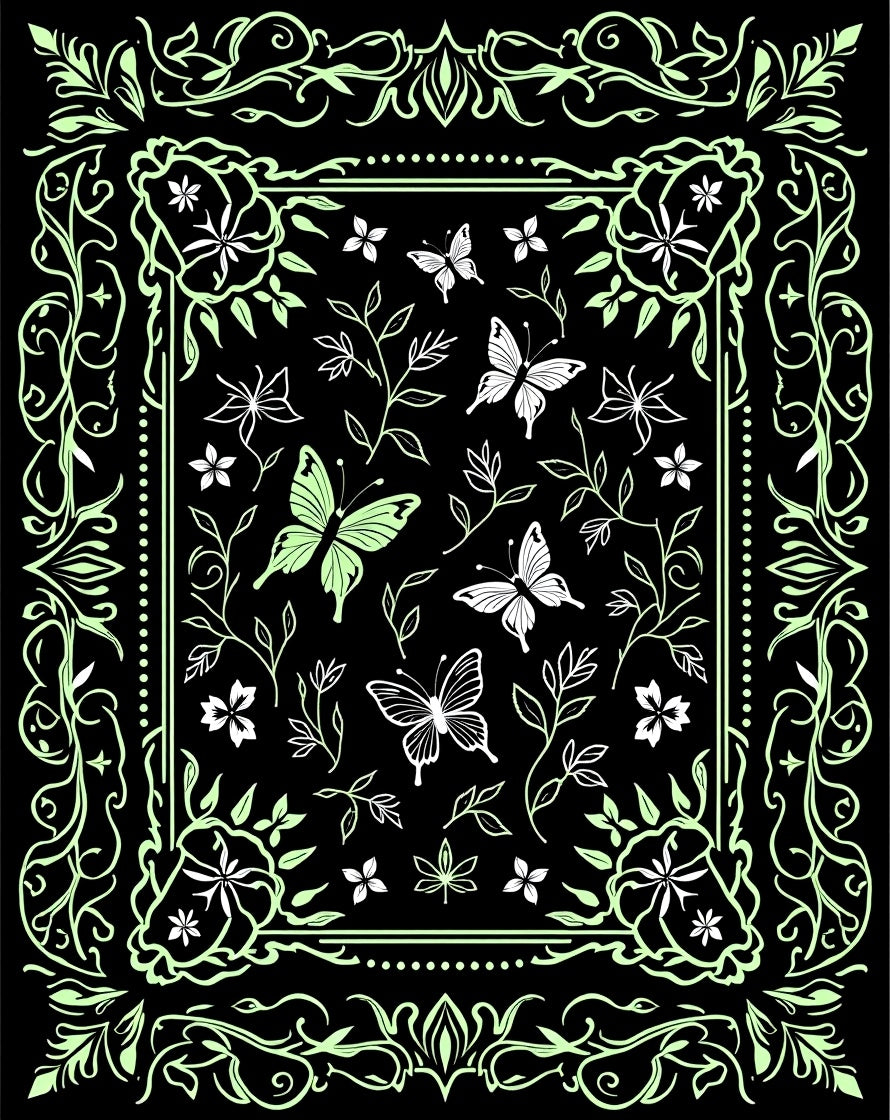 Whimsical Black Green Butterfly Garden Rug