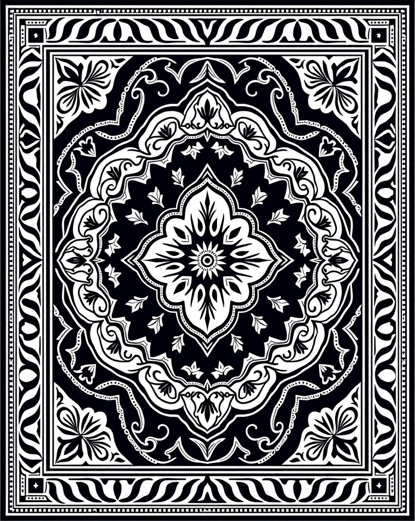 Elegant Black and White Floral Mandala Rug