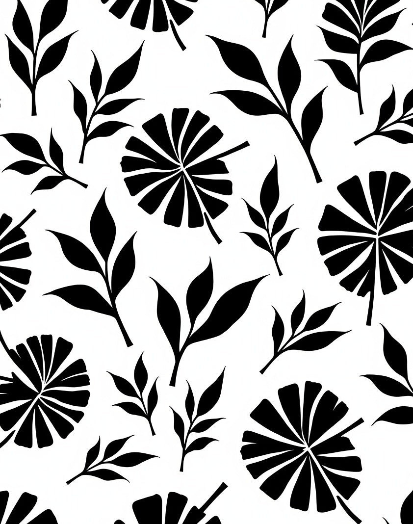 Black White Leafy Tropical Pattern Rug