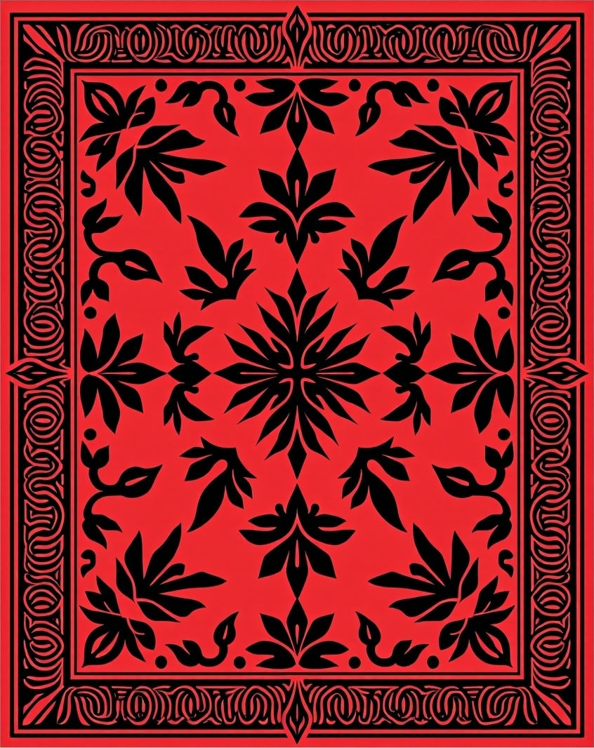 Red Black Bold Floral Abstract Design Rug