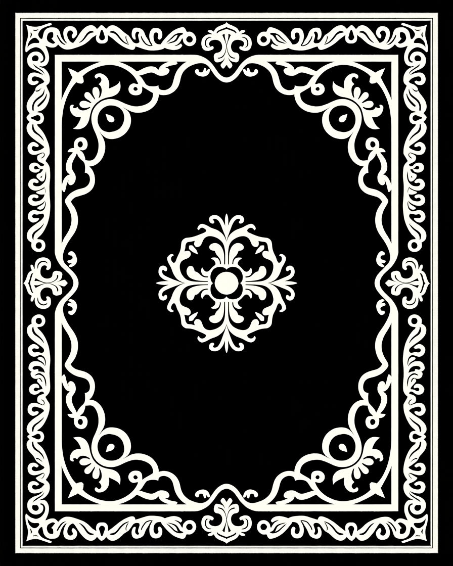 Black White Ornate Scroll Pattern Rug