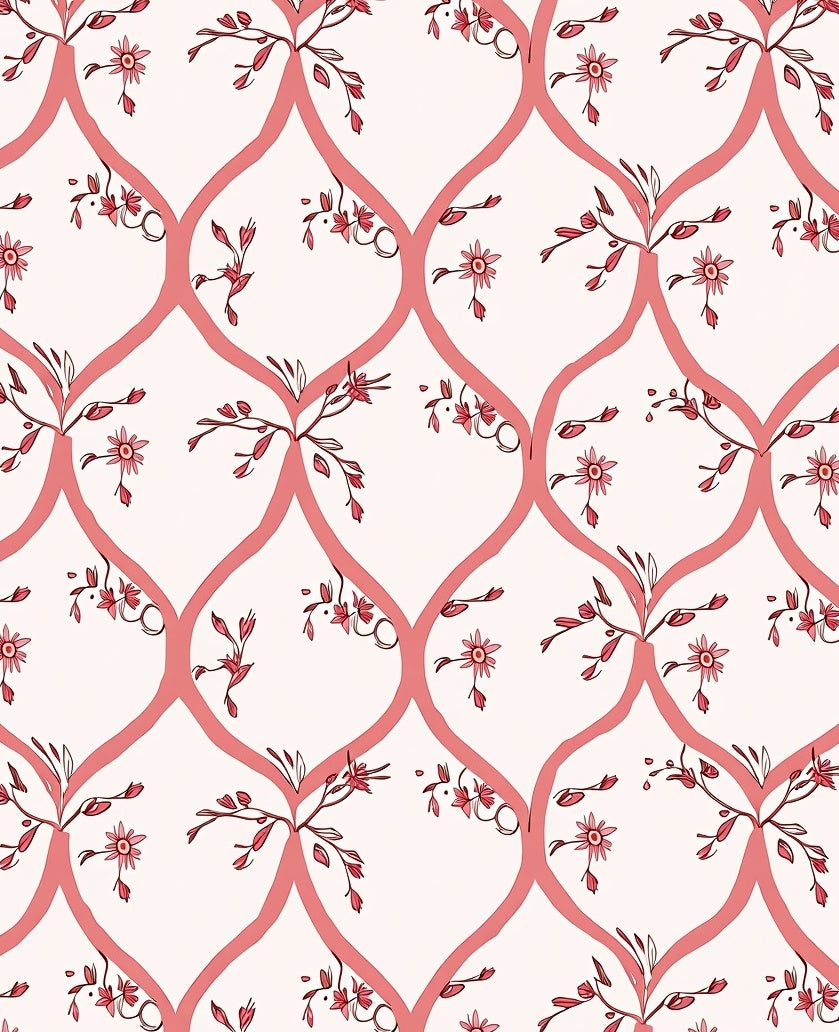 Coral Lattice Floral Pattern Rug