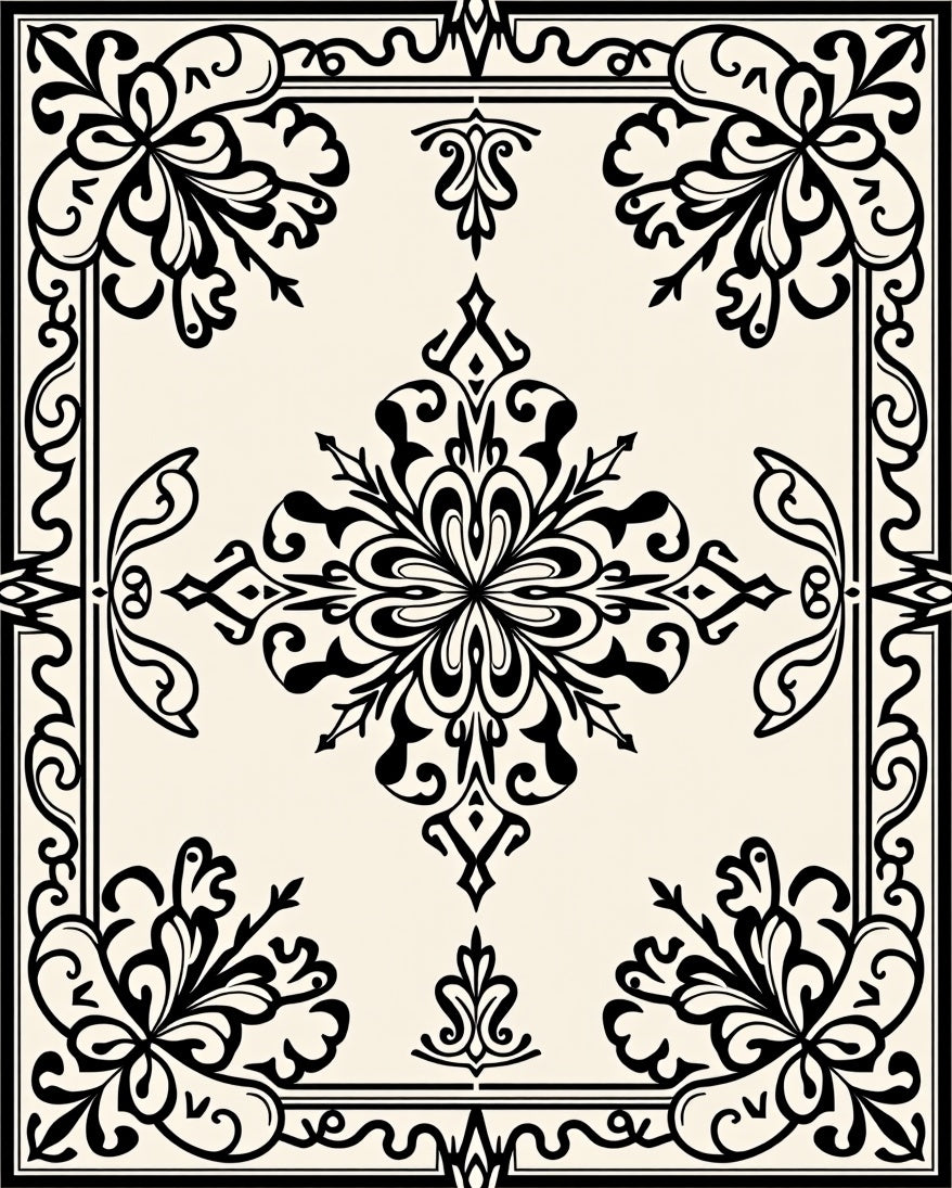 Classic Arabesque Black Ivory Tiled Pattern Rug