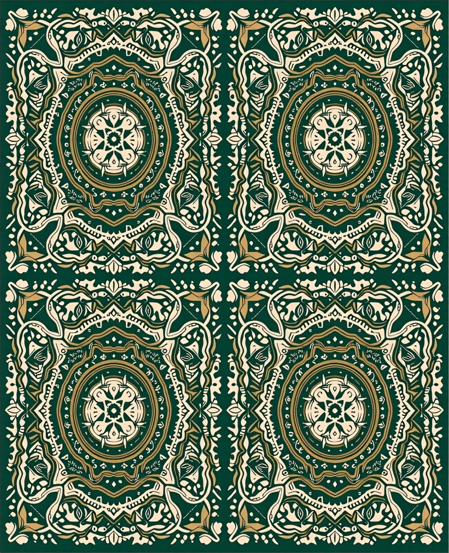 Intricate Medallion Green Gold Pattern Rug