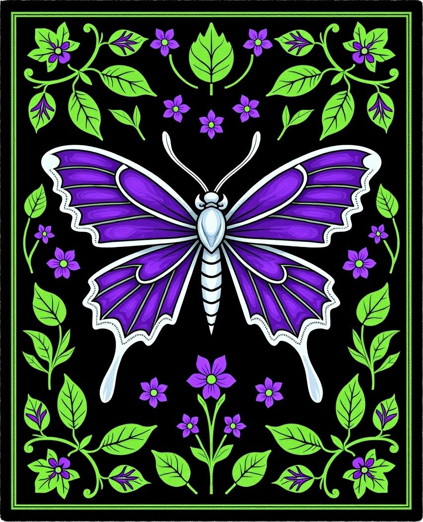 Vibrant Purple Butterfly Garden Illustration Rug