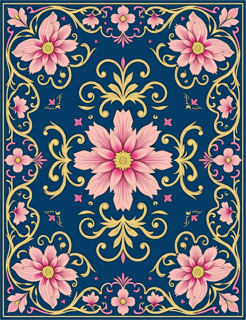 Pink Floral Medallion Blue Gold Rug