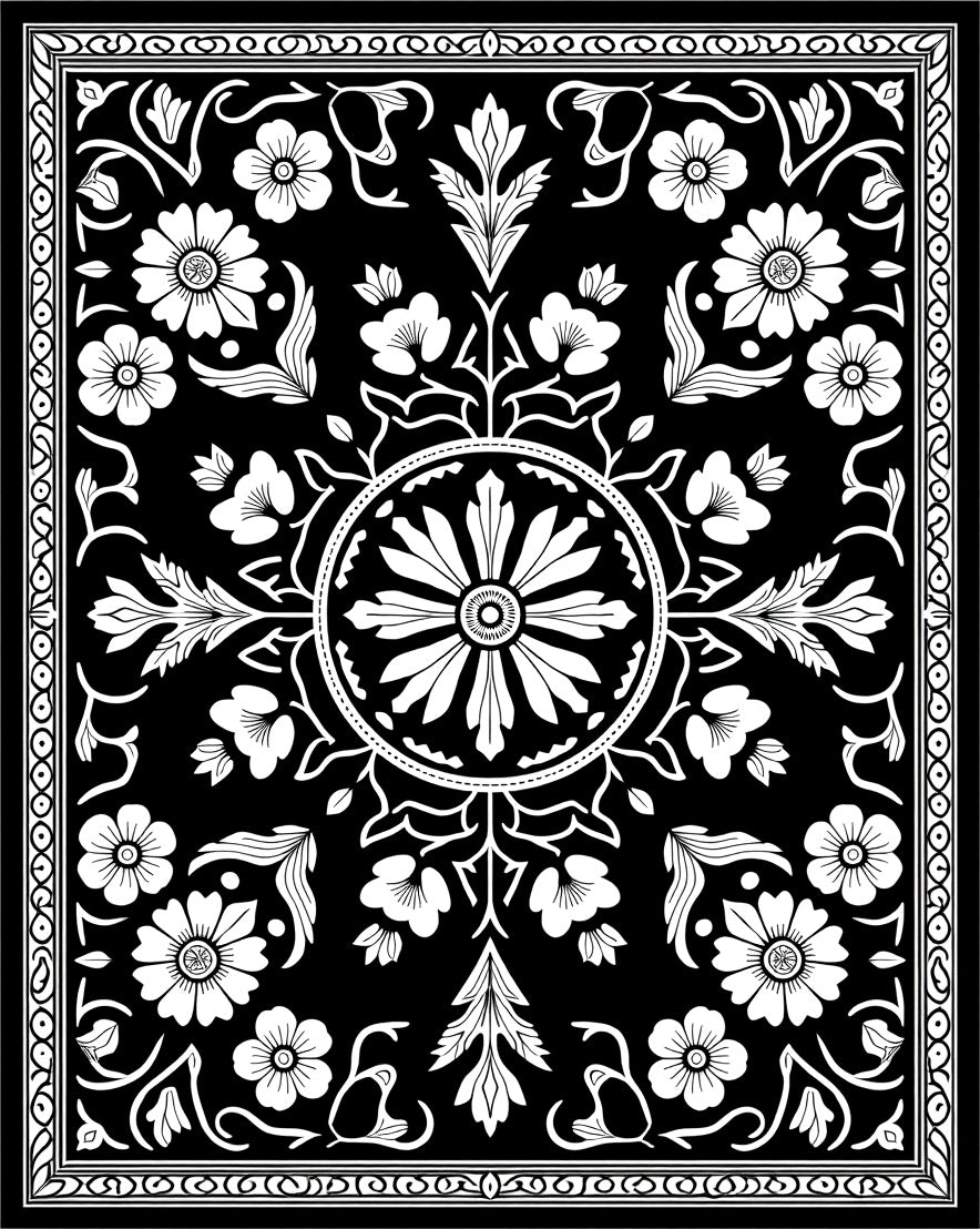 Black White Floral Medallion Pattern Rug