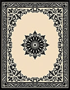 Intricate Black Floral Centerpiece Border Design Rug
