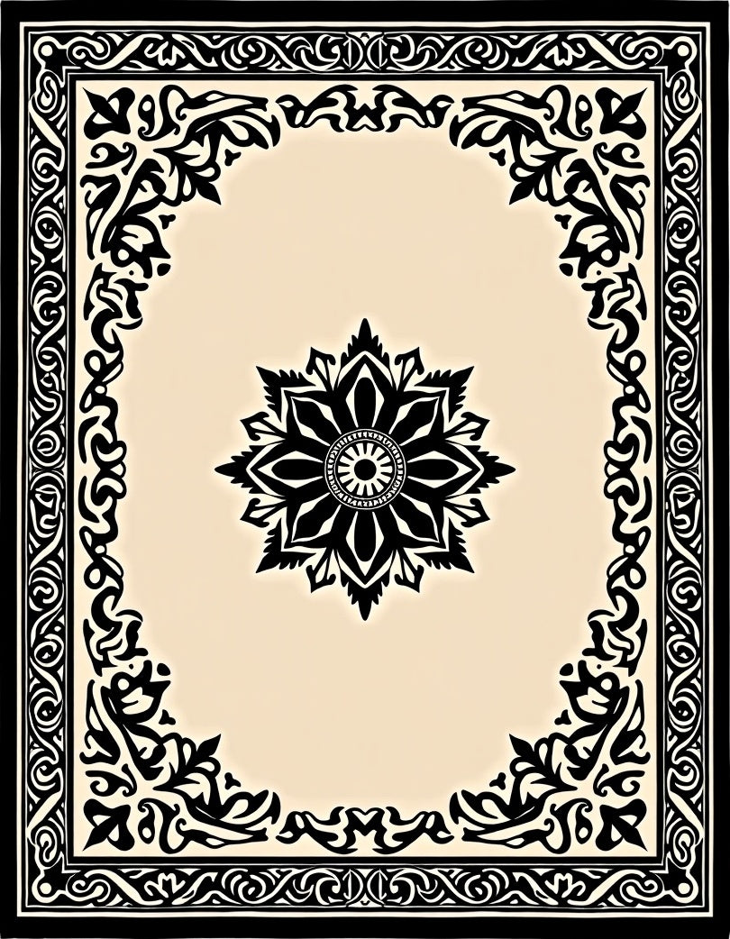 Intricate Black Floral Centerpiece Border Design Rug