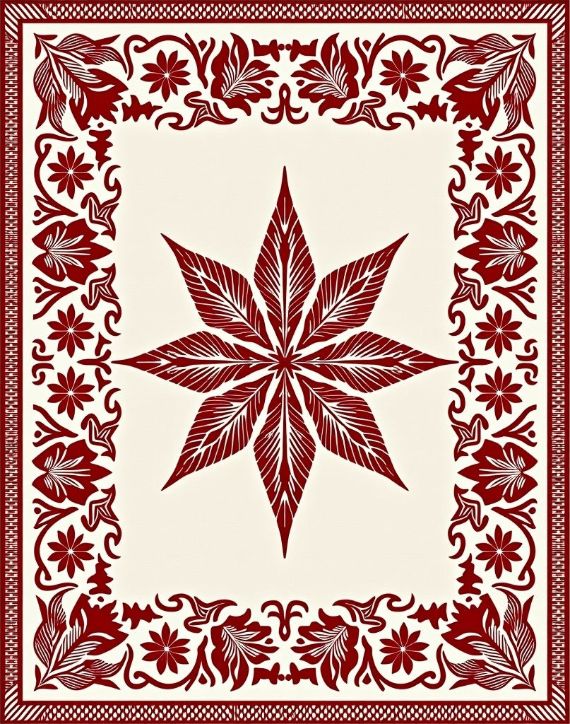 Deep Red Floral Star Border Design Rug