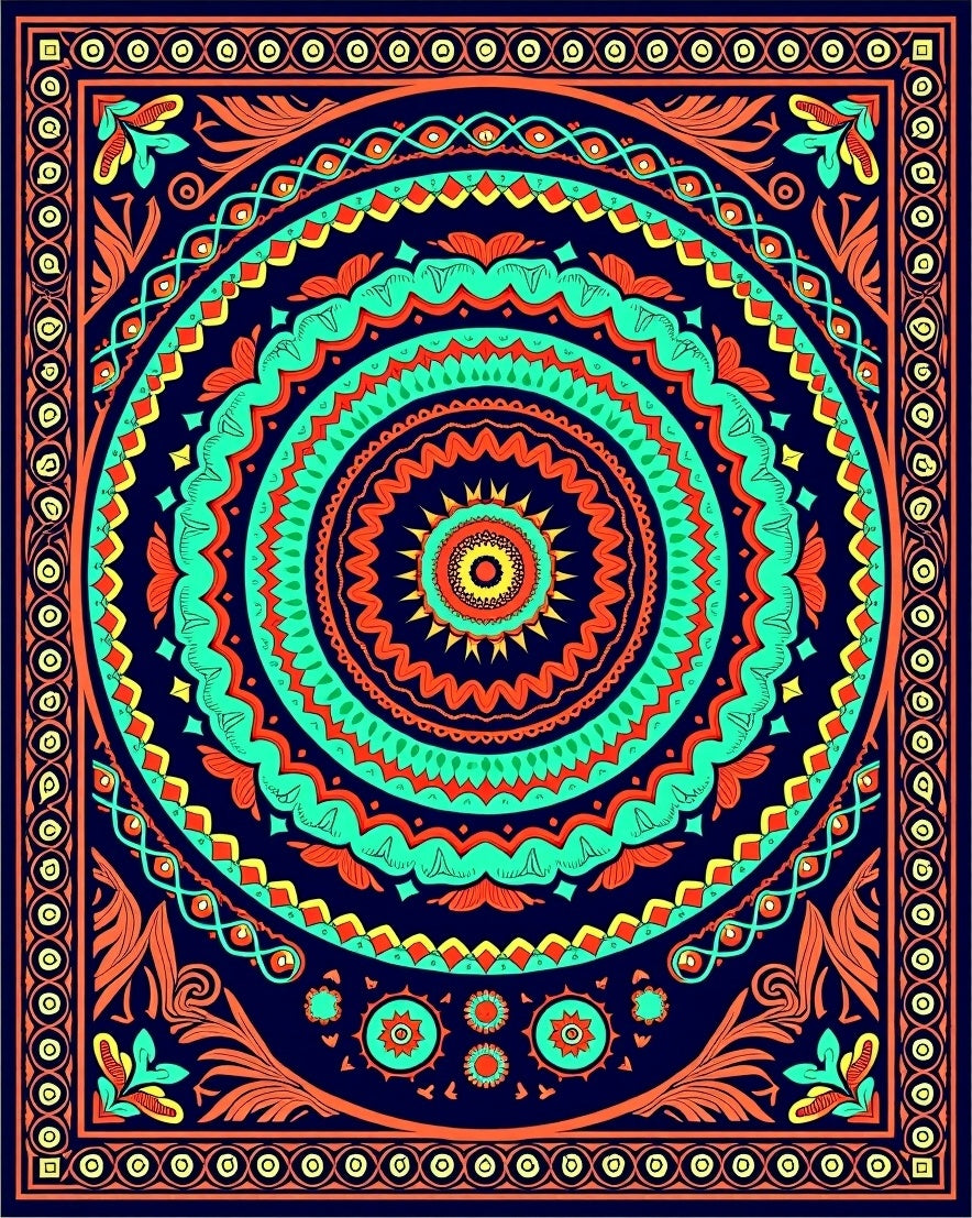Vibrant Orange Teal Mandala Pattern Rug