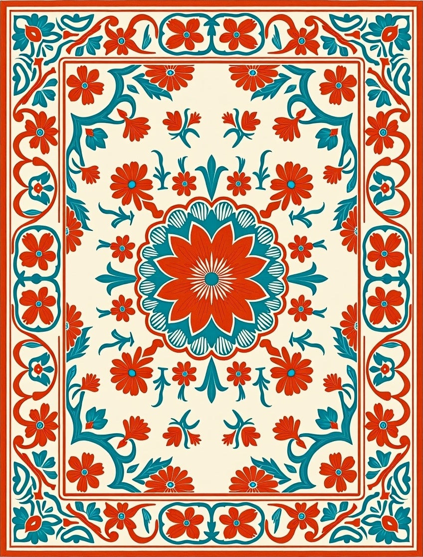 Vibrant Floral Medallion Border Pattern Rug