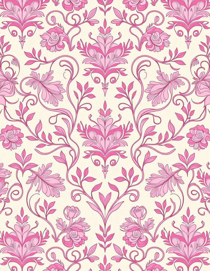 Pink Floral Damask Scrollwork Rug
