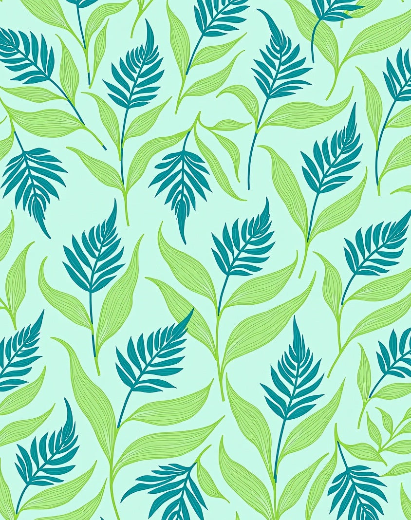 Teal Ferns and Light Green Leaves Pattern Rug