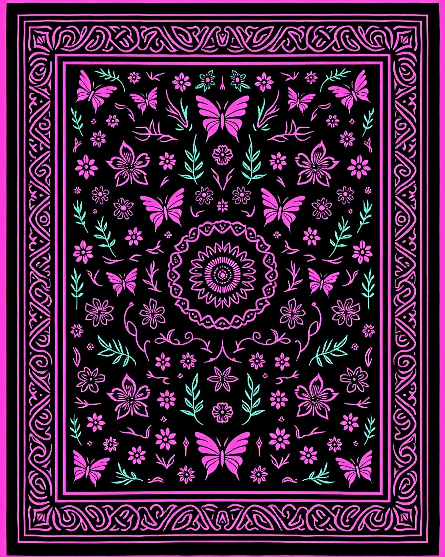 Whimsical Black Pink Butterfly Garden Rug