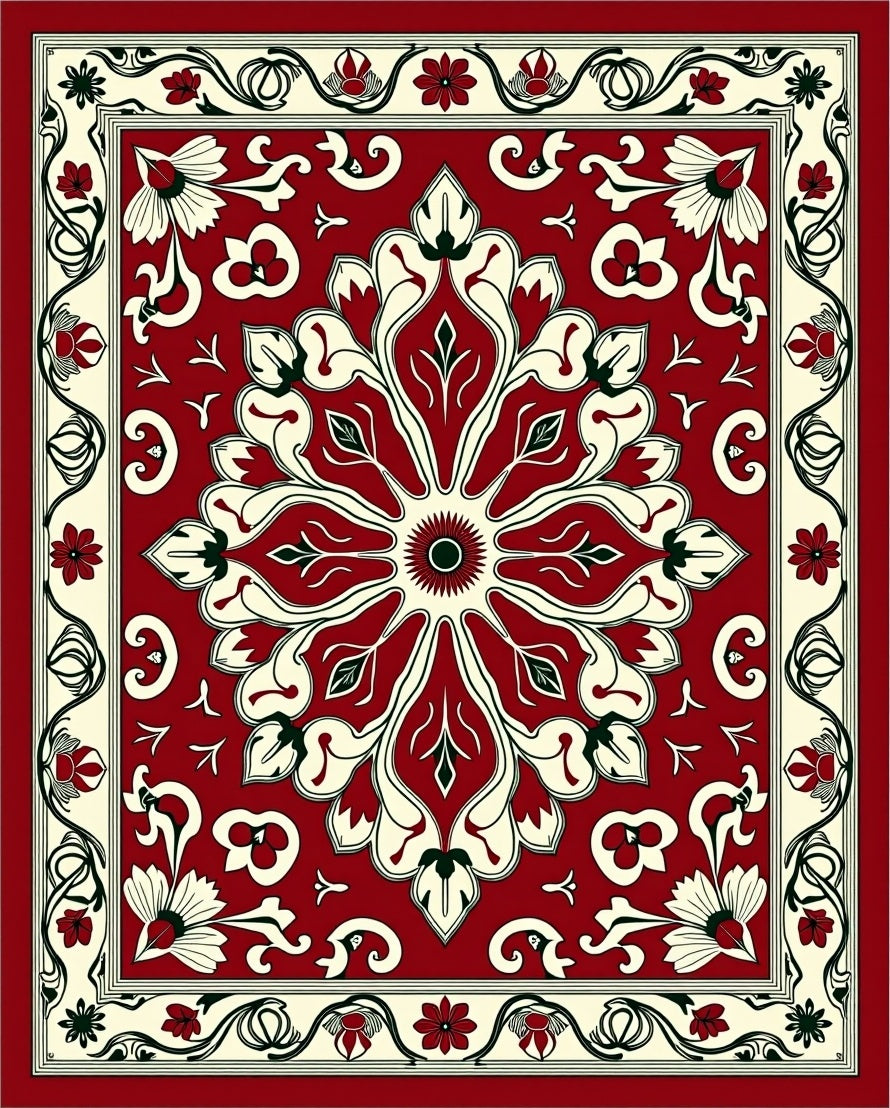 Ornate Red Cream Floral Medallion Rug