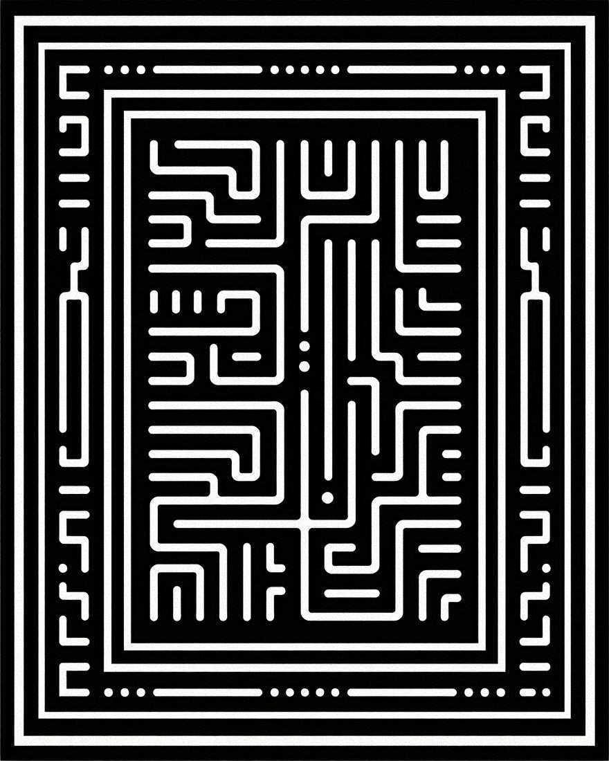 Bold Black White Maze Pattern Rug