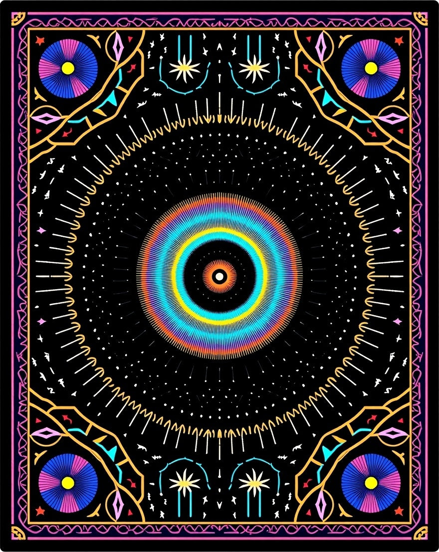 Vibrant Cosmic Sunburst Mandala Design Rug