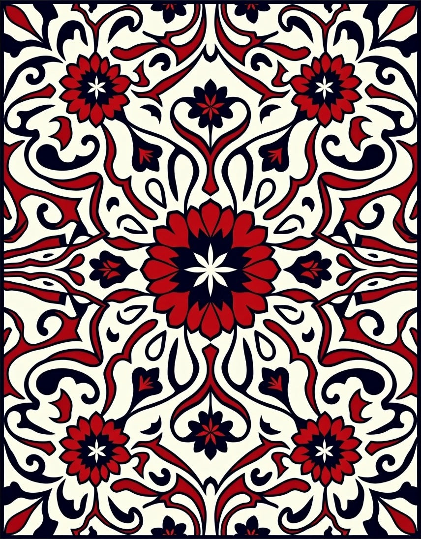 Rich Red Black Floral Medallion Pattern Rug