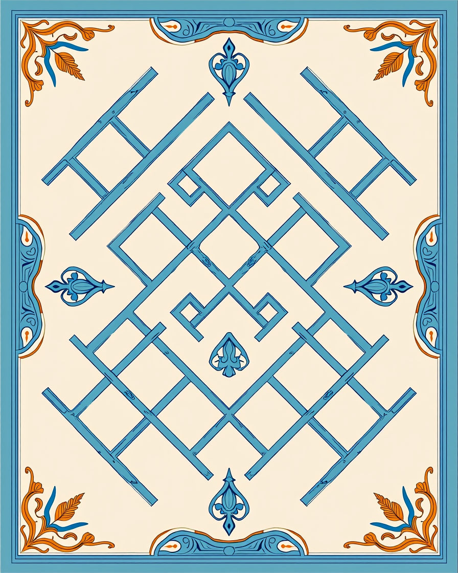 Geometric Lattice Blue Orange Design Rug