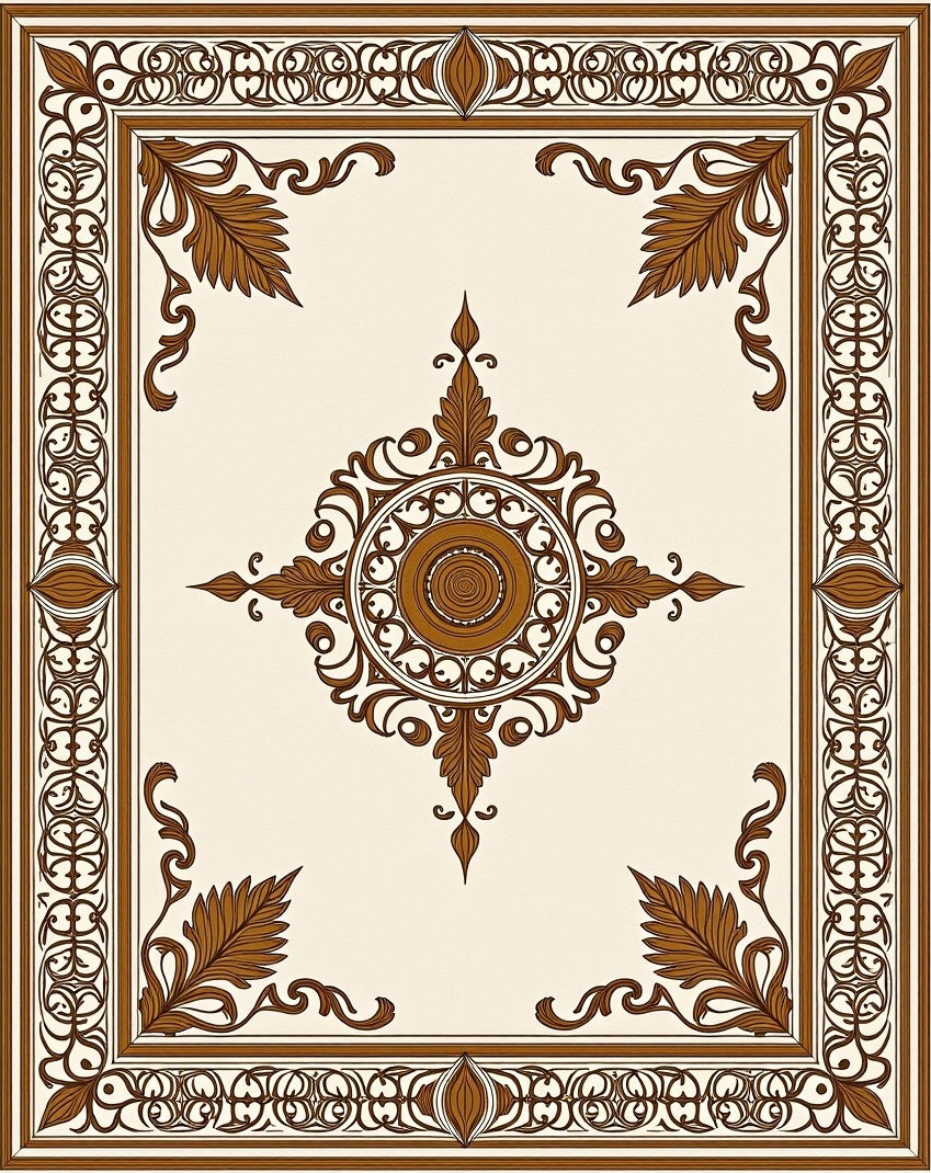 Classic Brown Leaf Medallion Border Rug