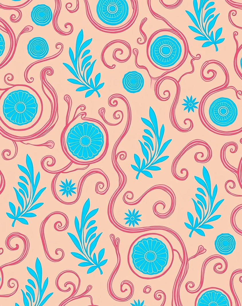 Coral Blue Swirl and Leaf Pattern Rug