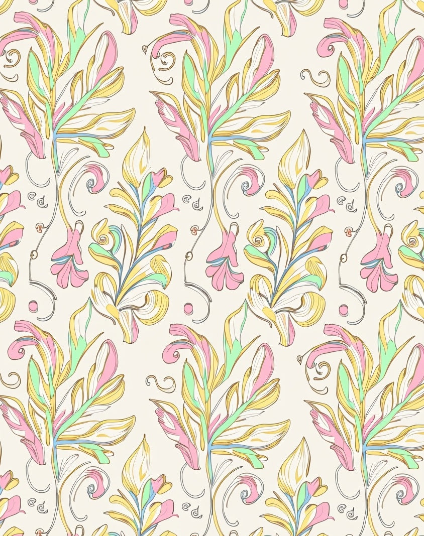 Pastel Floral Leaf Scroll Pattern Rug