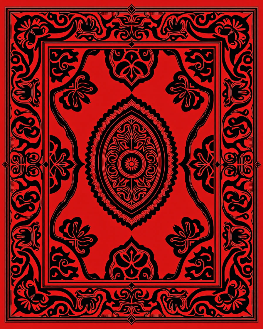 Bold Red Black Floral Paisley Design Rug