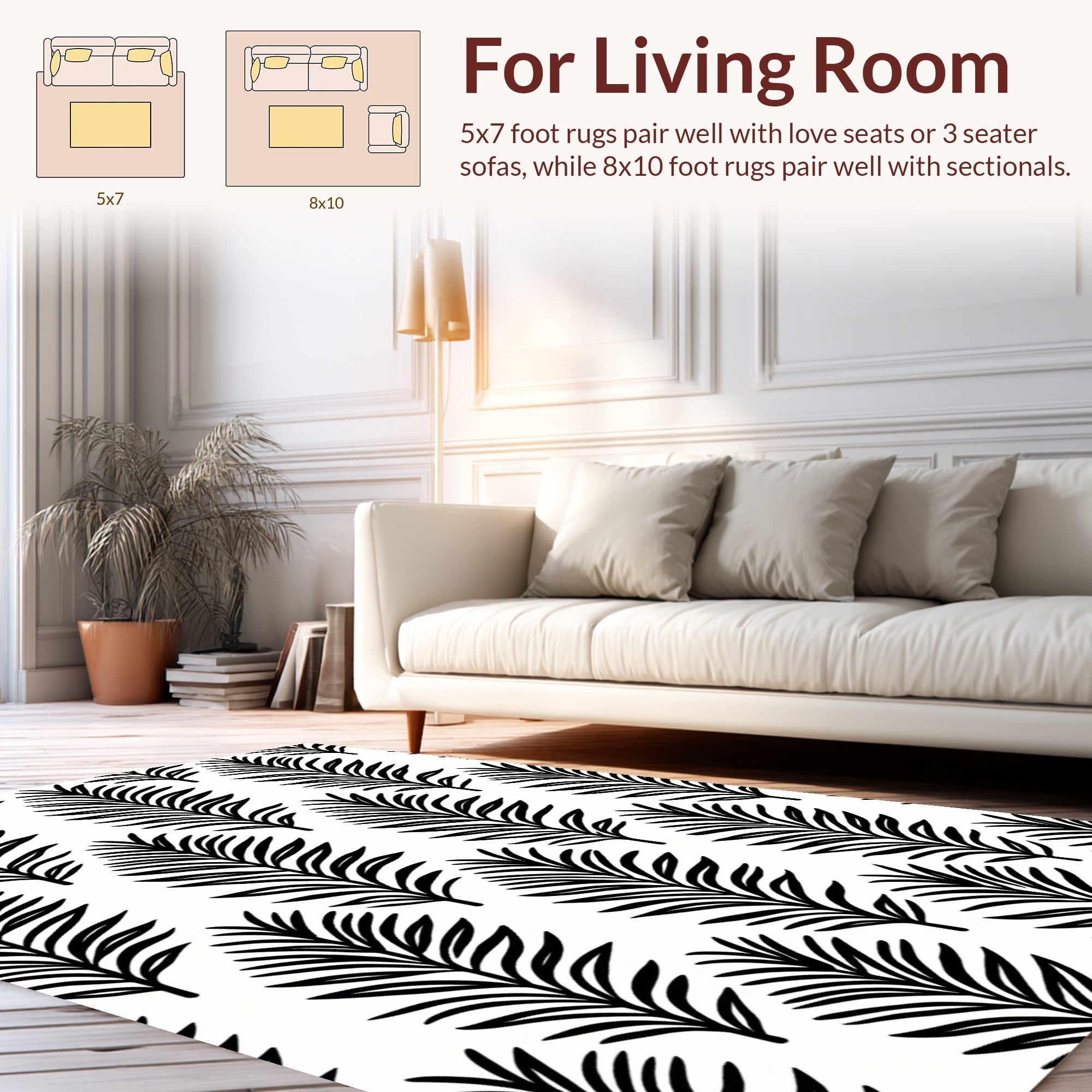 Modern Black White Leaf Pattern Rug