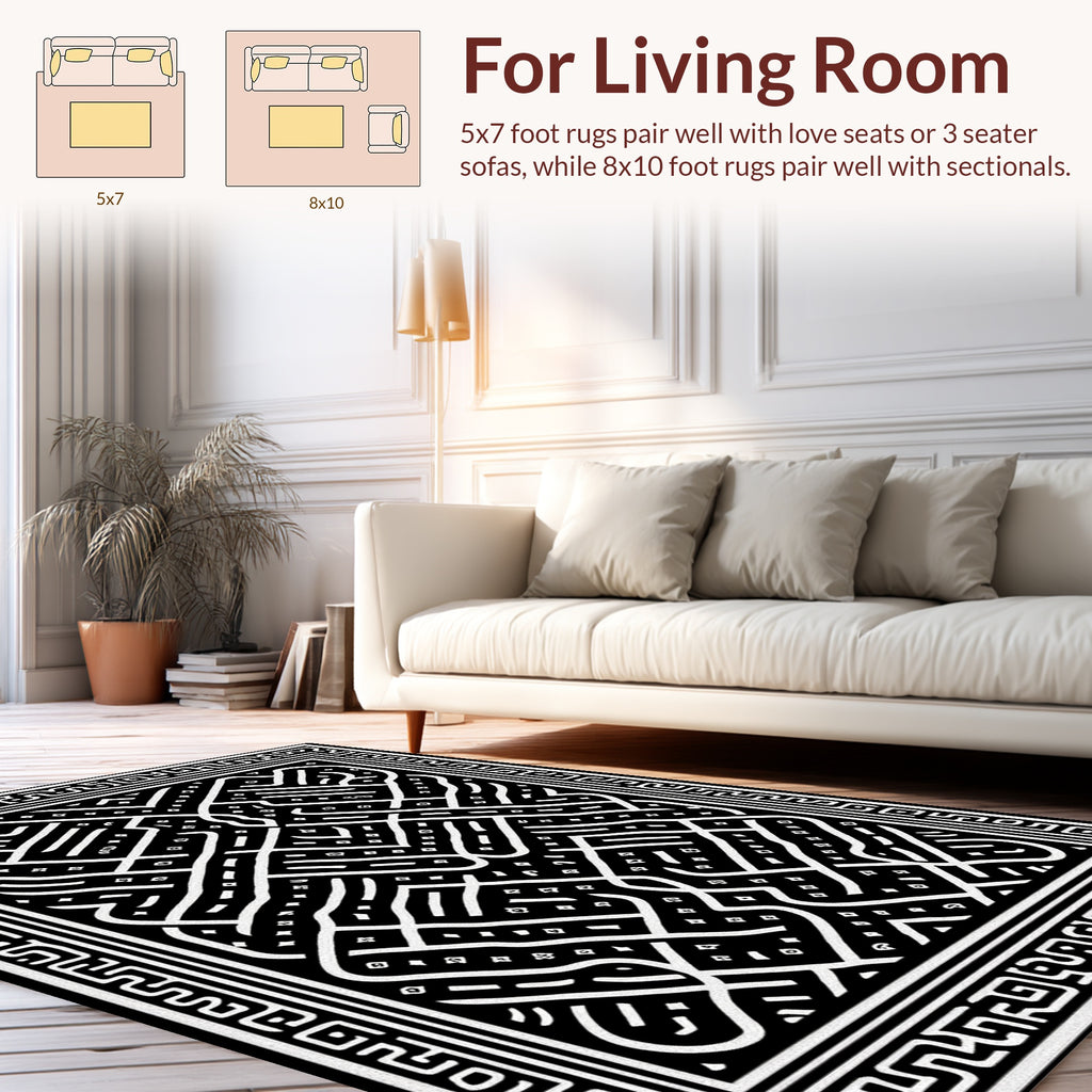 Intricate Black White Geometric Pattern Rug